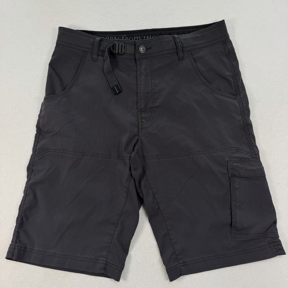PrAna Zion Cargo Shorts Mens 32x12 Black Performance Stretch Belted Nylon Logo